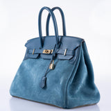 Hermes Birkin 35 Blue Thalassa Grizzly Suede, Swift Permabrass Hardware