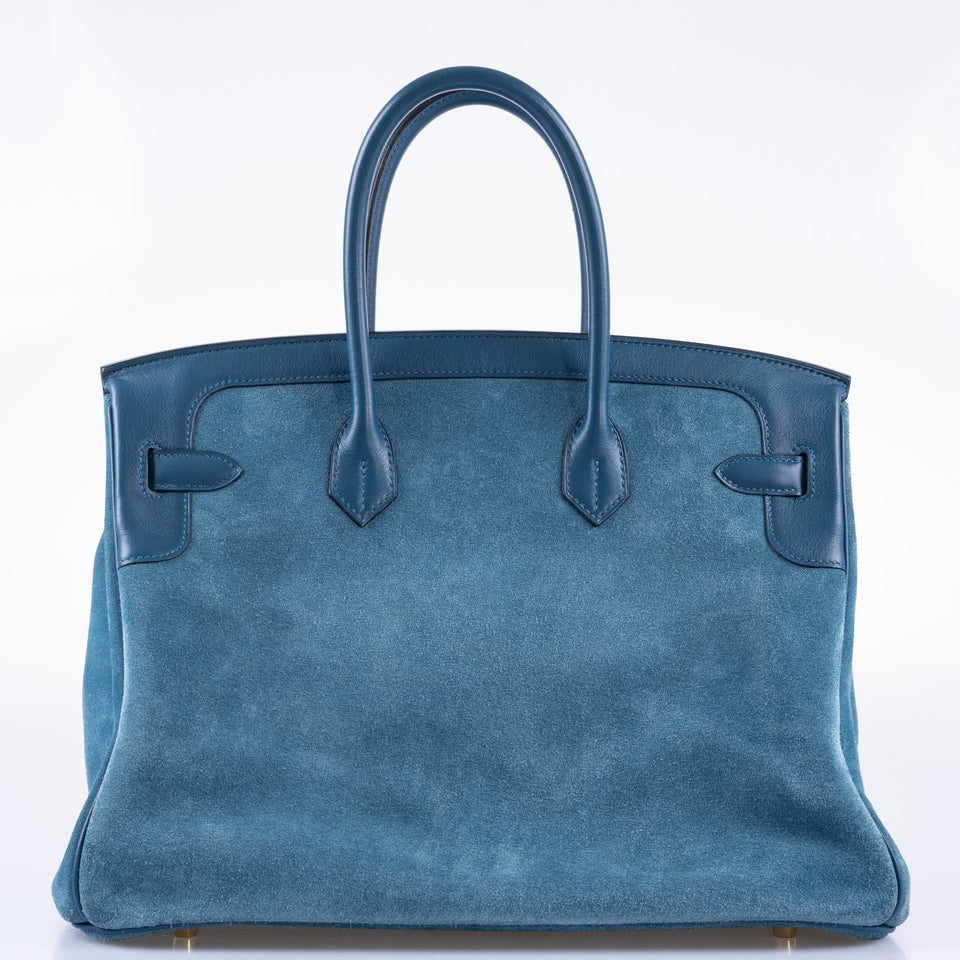 Hermes Birkin 35 Blue Thalassa Grizzly Suede, Swift Permabrass Hardware
