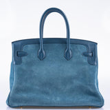 Hermes Birkin 35 Blue Thalassa Grizzly Suede, Swift Permabrass Hardware