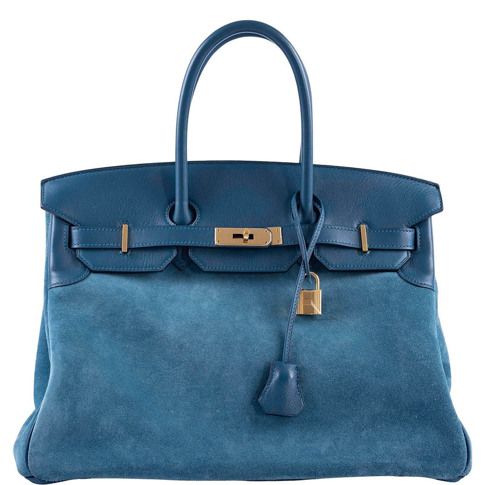 Hermes Birkin 35 Blue Thalassa Grizzly Suede, Swift Permabrass Hardware