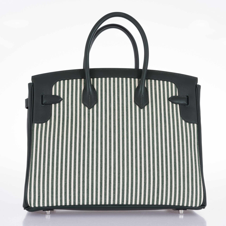 Hermes Birkin 35 Ecru Vert Anglais Toile Riga Swift Palladium Hardware