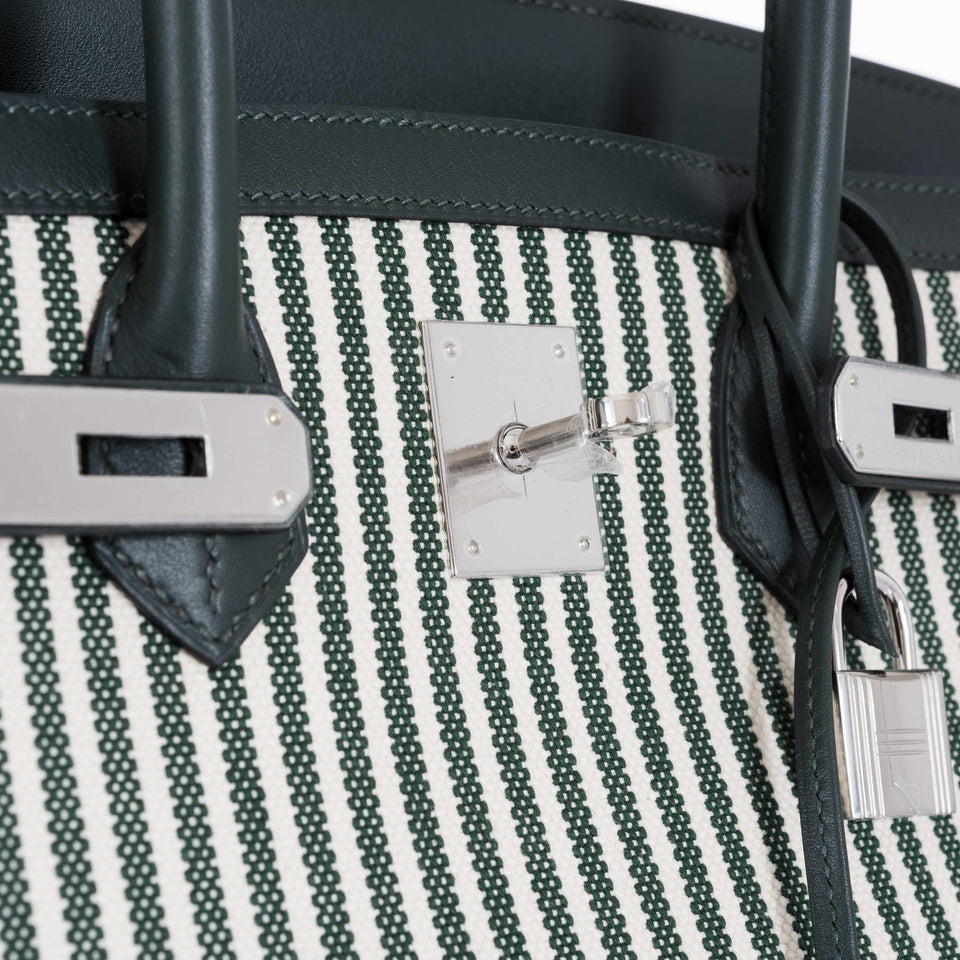 Hermes Birkin 35 Ecru Vert Anglais Toile Riga Swift Palladium Hardware