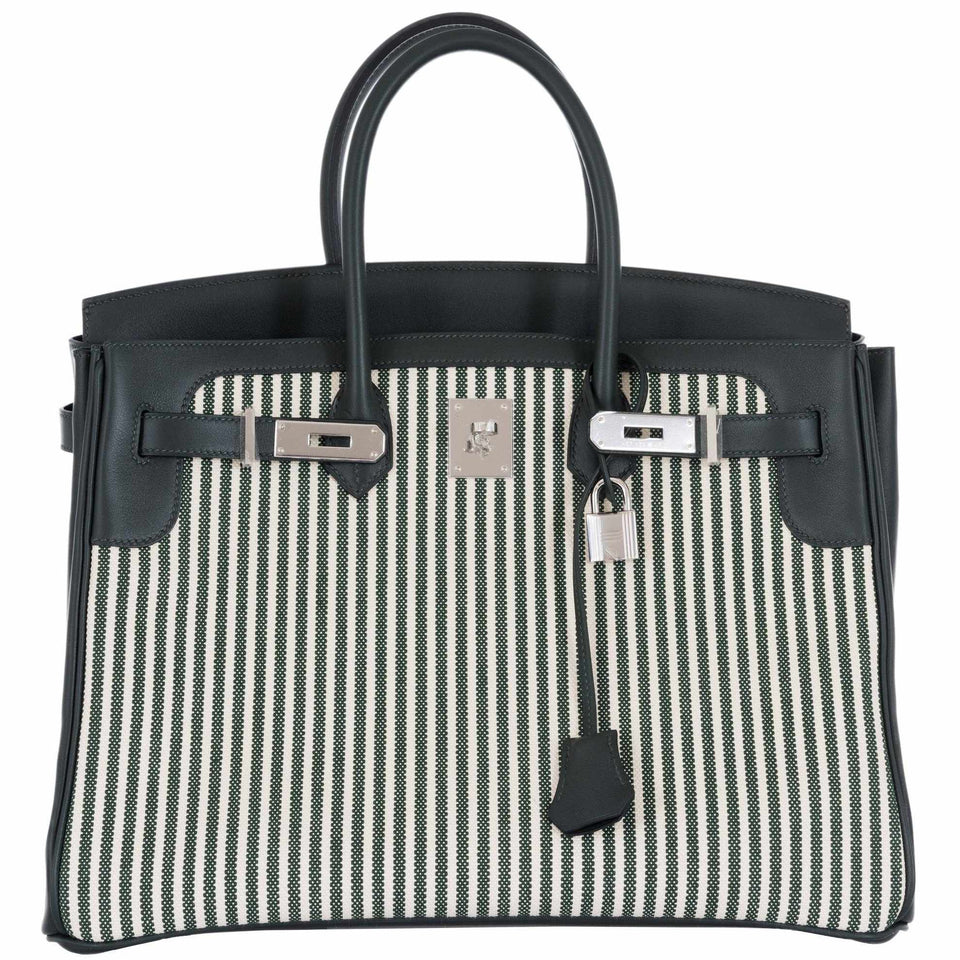 Hermes Birkin 35 Ecru Vert Anglais Toile Riga Swift Palladium Hardware