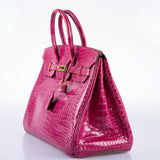 Hermes Birkin 35 Fuchsia Porosus Crocodile with Gold Hardware