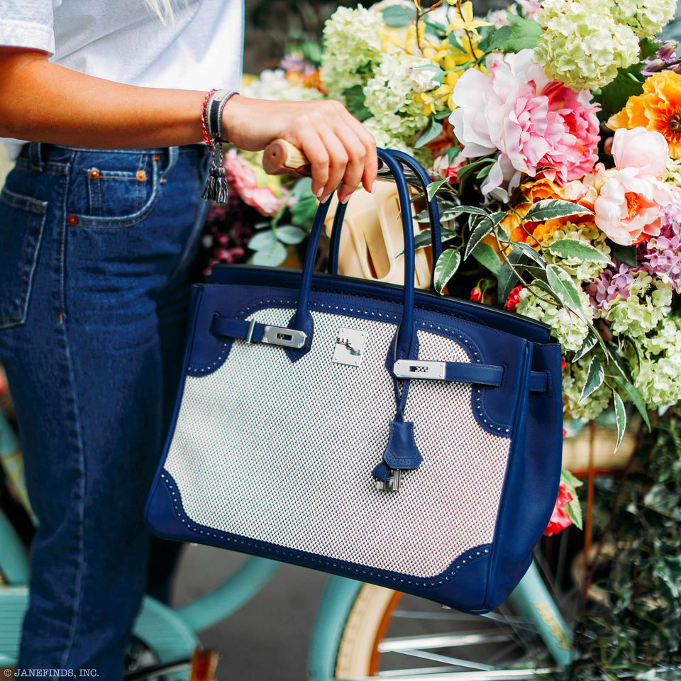 Hermes Birkin 35 Ghillies Bleu Saphir Swift And Toile Palladium Hardware