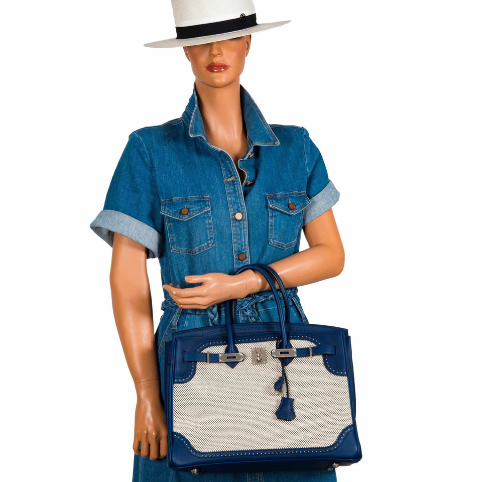 Hermes Birkin 35 Ghillies Bleu Saphir Swift And Toile Palladium Hardware