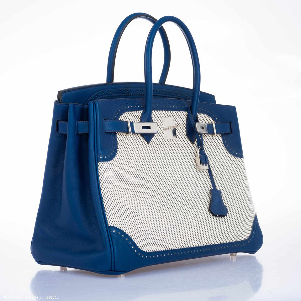 Hermes Birkin 35 Ghillies Bleu Saphir Swift And Toile Palladium Hardware