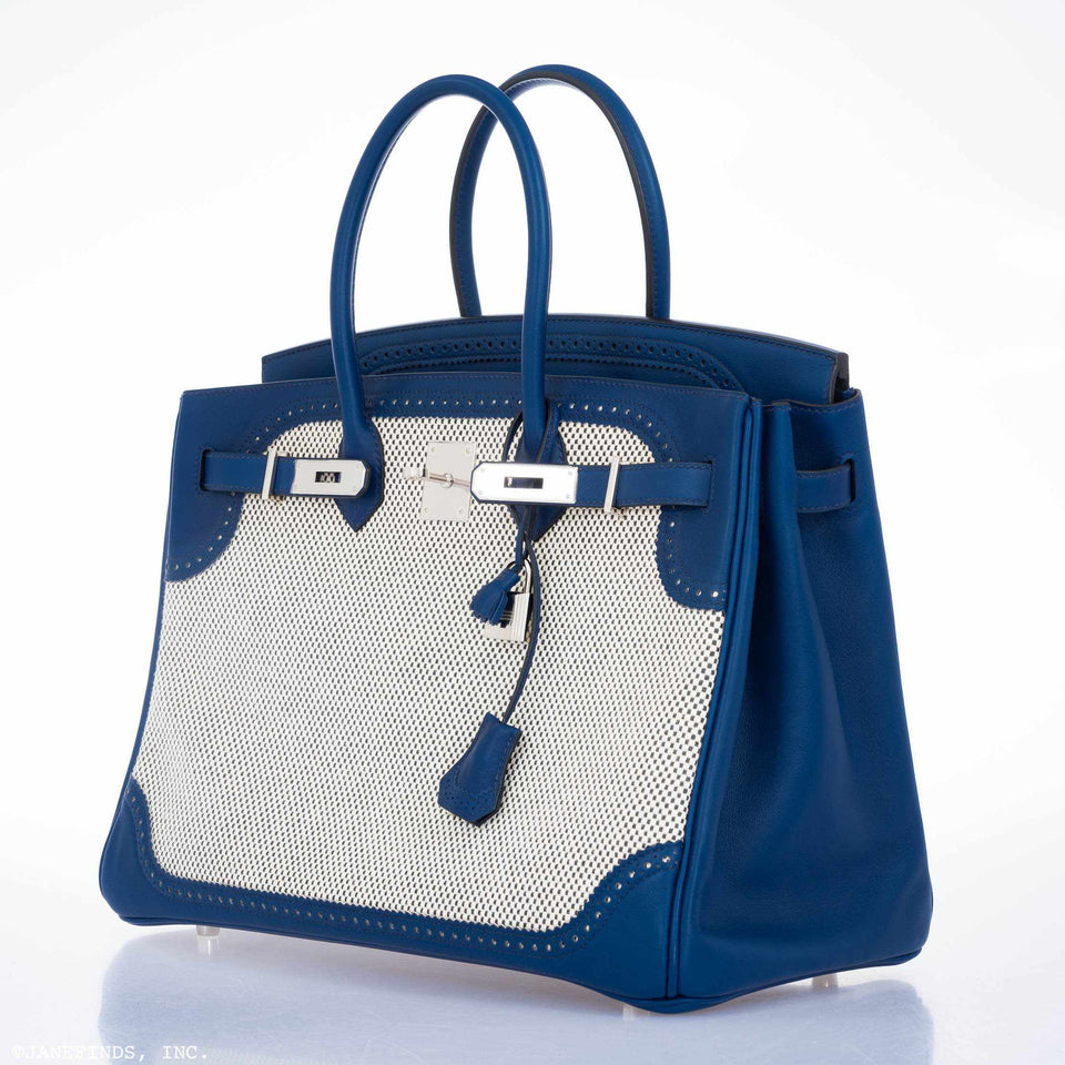 Hermes Birkin 35 Ghillies Bleu Saphir Swift And Toile Palladium Hardware