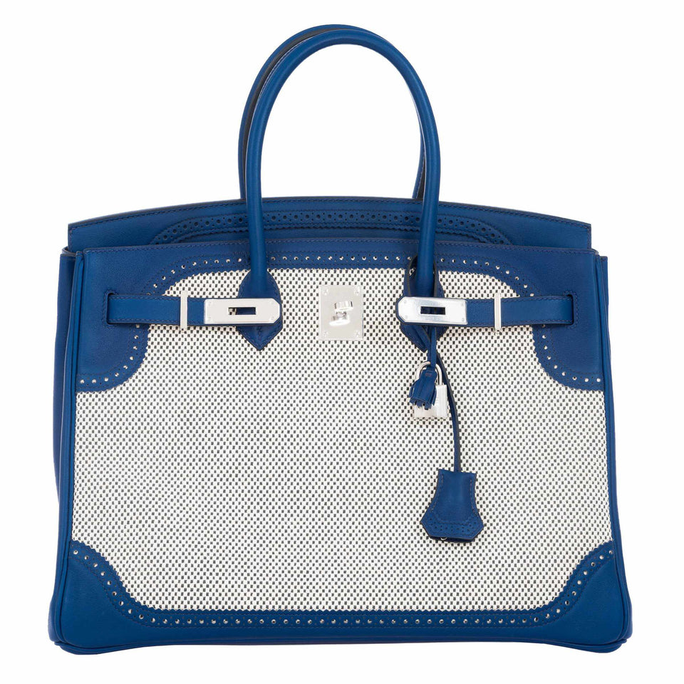 Hermes Birkin 35 Ghillies Bleu Saphir Swift And Toile Palladium Hardware