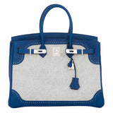 Hermes Birkin 35 Ghillies Bleu Saphir Swift And Toile Palladium Hardware