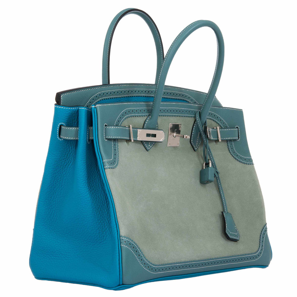 Hermes Birkin 35 Ghillies Turquoise, Ciel Evergrain, Veau Doblis Suede Palladium Hardware - Special Edition