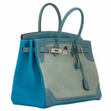 Hermes Birkin 35 Ghillies Turquoise, Ciel Evergrain, Veau Doblis Suede Palladium Hardware - Special Edition