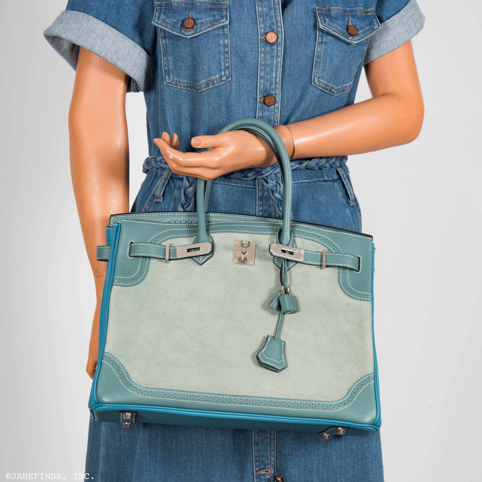 Hermes Birkin 35 Ghillies Turquoise, Ciel Evergrain, Veau Doblis Suede Palladium Hardware - Special Edition