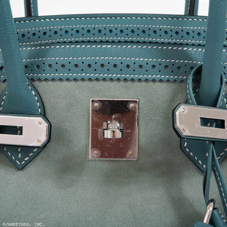 Hermes Birkin 35 Ghillies Turquoise, Ciel Evergrain, Veau Doblis Suede Palladium Hardware - Special Edition