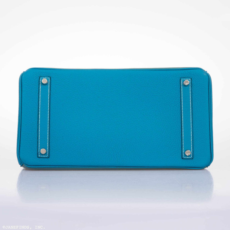 Hermes Birkin 35 Ghillies Turquoise, Ciel Evergrain, Veau Doblis Suede Palladium Hardware - Special Edition