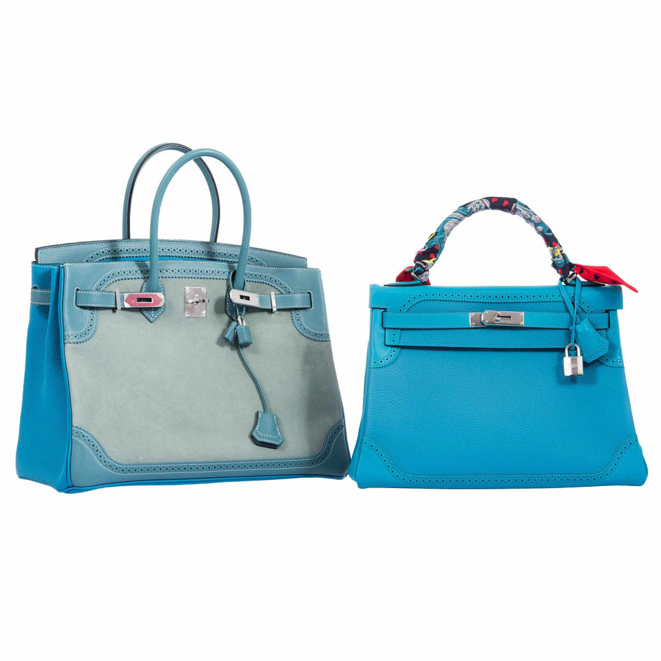Hermes Birkin 35 Ghillies Turquoise, Ciel Evergrain, Veau Doblis Suede Palladium Hardware - Special Edition
