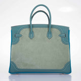 Hermes Birkin 35 Ghillies Turquoise, Ciel Evergrain, Veau Doblis Suede Palladium Hardware - Special Edition
