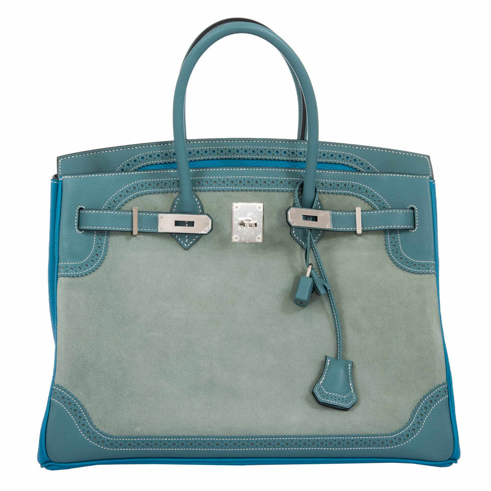 Hermes Birkin 35 Ghillies Turquoise, Ciel Evergrain, Veau Doblis Suede Palladium Hardware - Special Edition