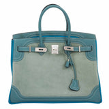 Hermes Birkin 35 Ghillies Turquoise, Ciel Evergrain, Veau Doblis Suede Palladium Hardware - Special Edition