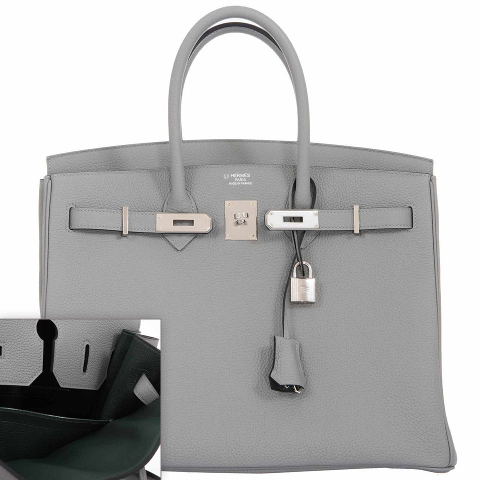 Hermes Birkin 35 HSS Gris Mouette & Vert Fonce Togo Palladium Hardware