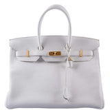 Hermes Birkin 35 HSS White Clemence Leather Brushed Gold Hardware