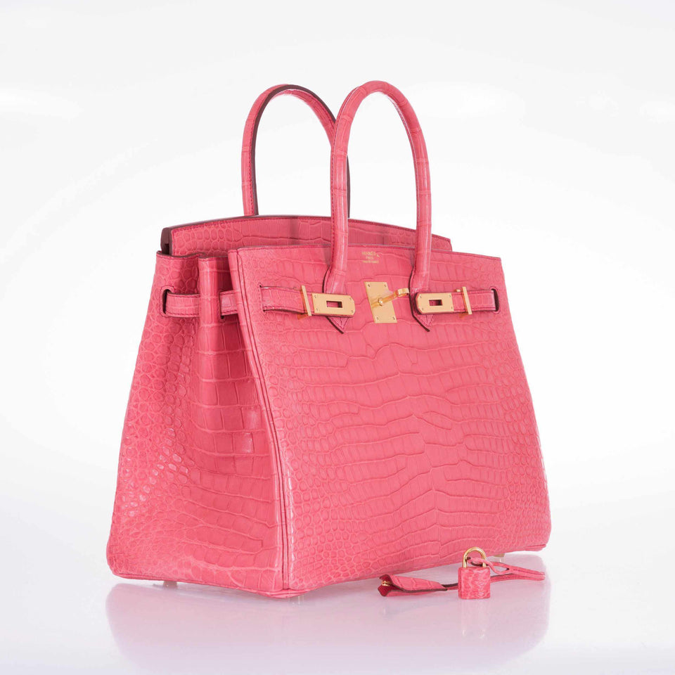 Hermes Birkin 35 Matte Bougainvillea Pink Porosus Crocodile Gold Hardware