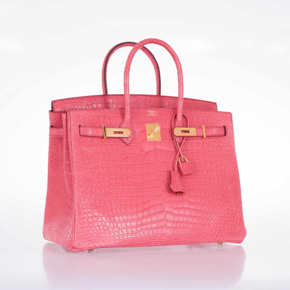 Hermes Birkin 35 Matte Bougainvillea Pink Porosus Crocodile Gold Hardware