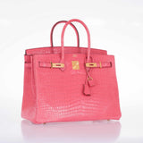 Hermes Birkin 35 Matte Bougainvillea Pink Porosus Crocodile Gold Hardware