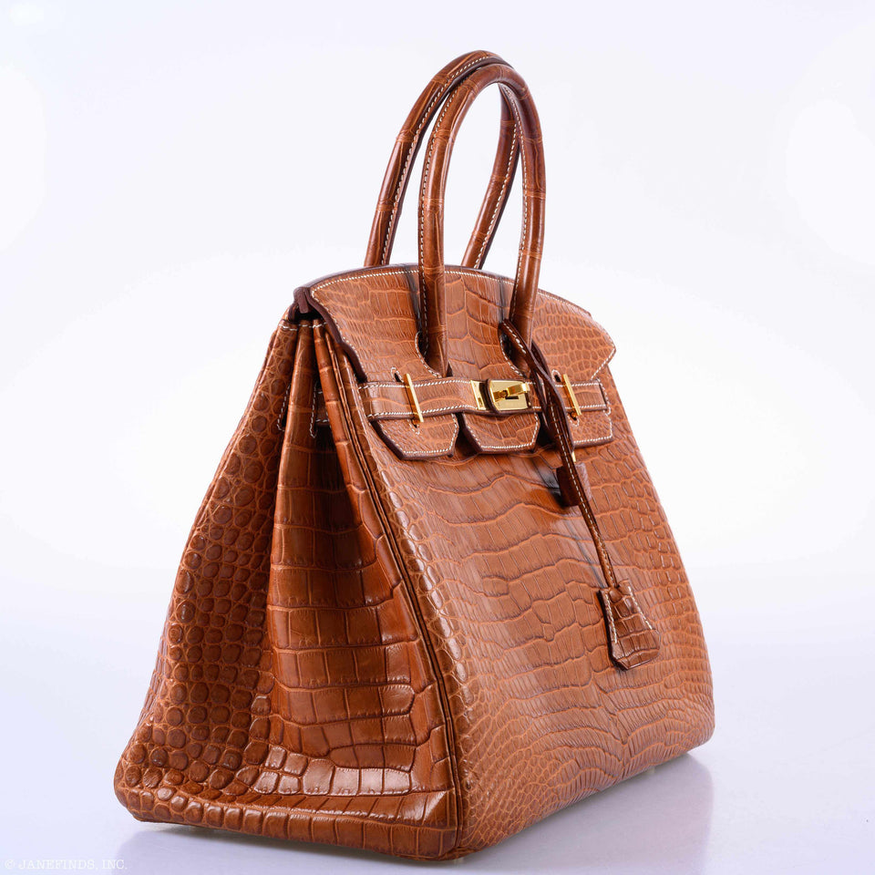 Hermes Birkin 35 Matte Fauve Barenia Porosus Crocodile Gold Hardware - 2008, L Square