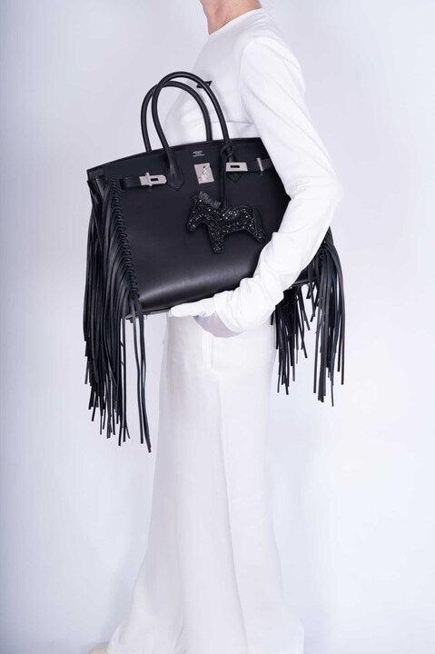 Hermes Birkin 35 Sellier Black Anate Fringe Evercolor leather Palladium Hardware