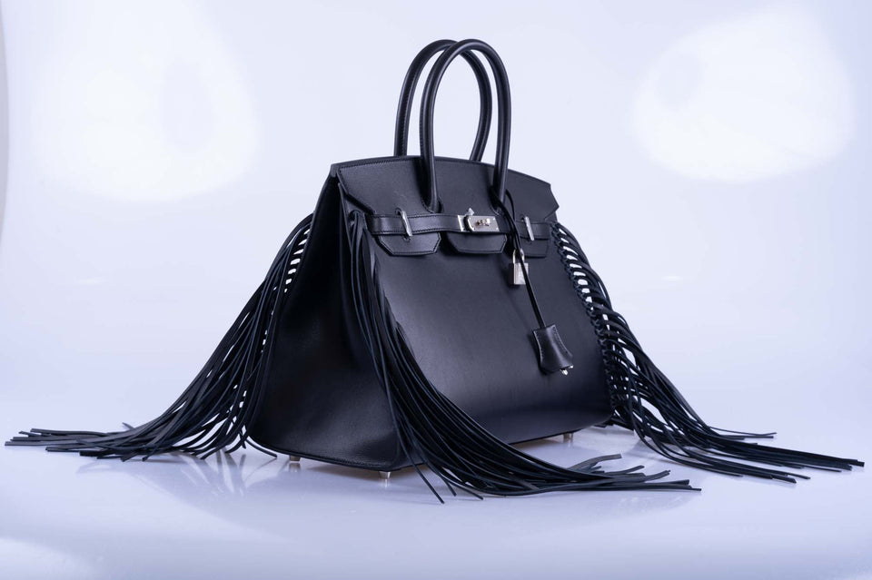 Hermes Birkin 35 Sellier Black Anate Fringe Evercolor leather Palladium Hardware