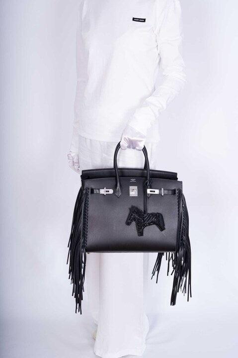 Hermes Birkin 35 Sellier Black Anate Fringe Evercolor leather Palladium Hardware
