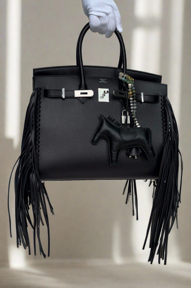 Hermes Birkin 35 Sellier Black Anate Fringe Evercolor leather Palladium Hardware