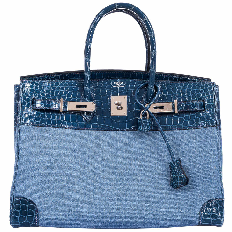 Hermes Birkin 35 Shiny Blue Roi Porosus Crocodile & Denim Palladium Hardware