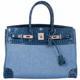 Hermes Birkin 35 Shiny Blue Roi Porosus Crocodile & Denim Palladium Hardware