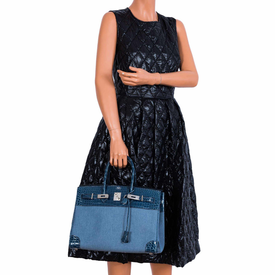 Hermes Birkin 35 Shiny Blue Roi Porosus Crocodile & Denim Palladium Hardware