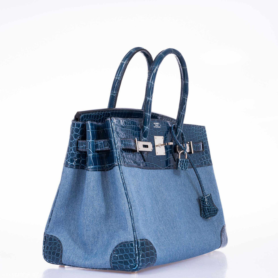 Hermes Birkin 35 Shiny Blue Roi Porosus Crocodile & Denim Palladium Hardware