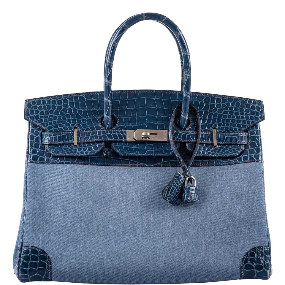 Hermes Birkin 35 Shiny Blue Roi Porosus Crocodile & Denim Palladium Hardware