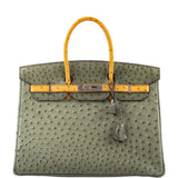 HermesBirkin 35 Special Order Vert Olive & Sable Ostrich Palladium Hardware