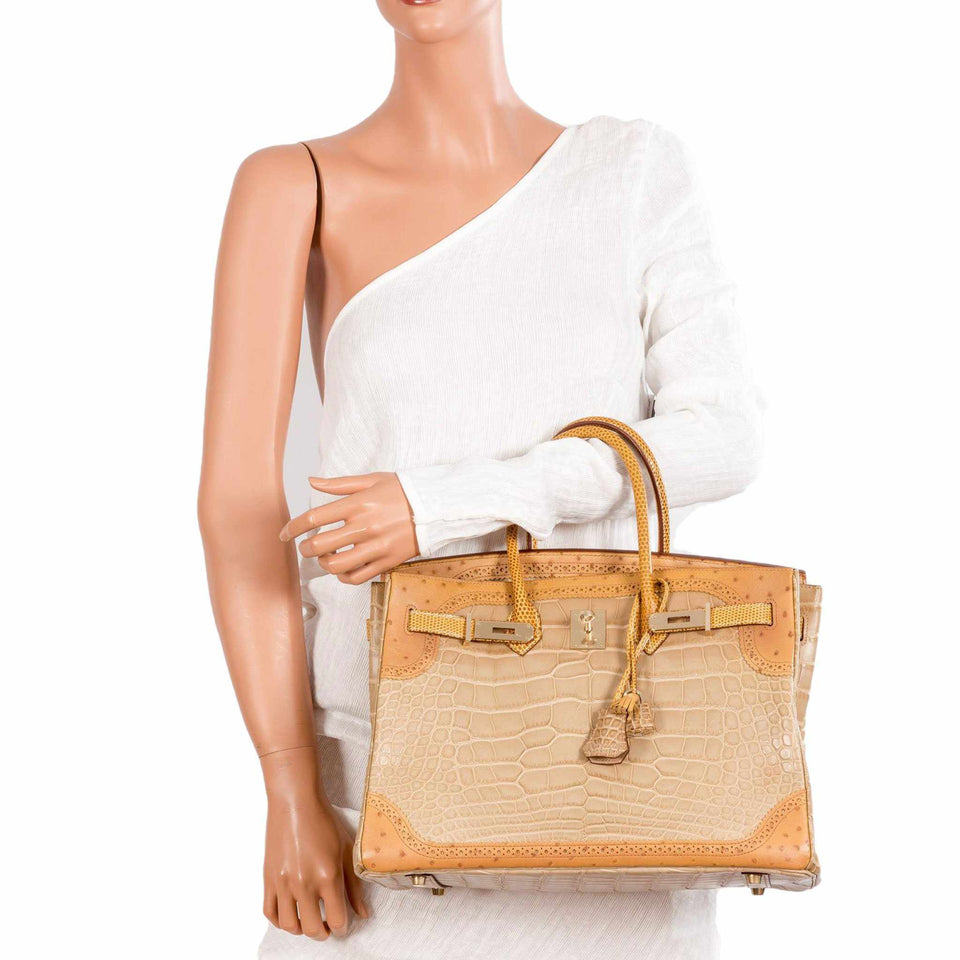 Hermes Birkin 35 Tri-Exotic Beige Alligator Ostrich Lizard Permabrass Hardware