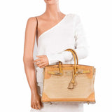 Hermes Birkin 35 Tri-Exotic Beige Alligator Ostrich Lizard Permabrass Hardware