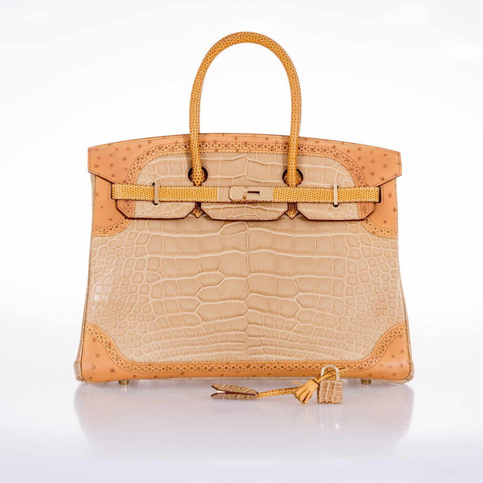 Hermes Birkin 35 Tri-Exotic Beige Alligator Ostrich Lizard Permabrass Hardware