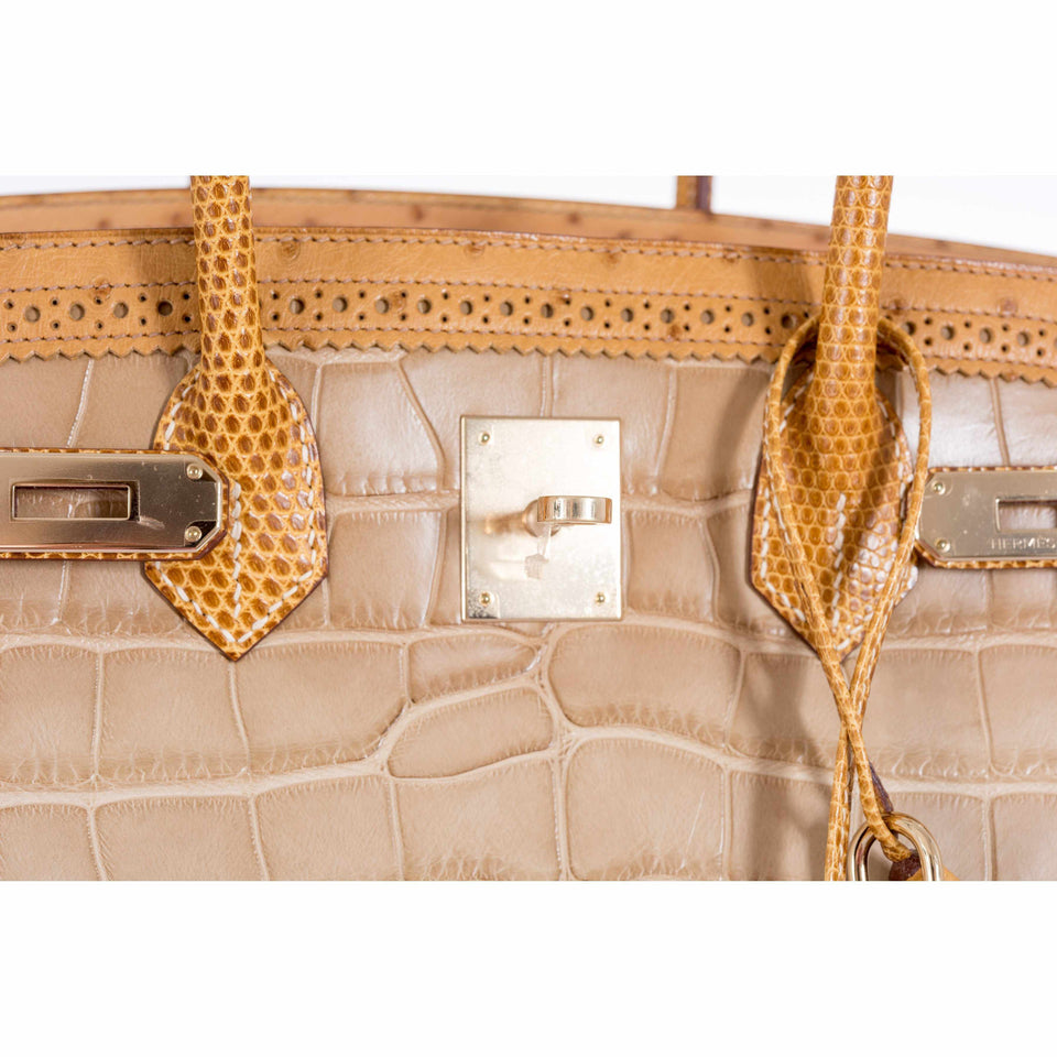 Hermes Birkin 35 Tri-Exotic Beige Alligator Ostrich Lizard Permabrass Hardware
