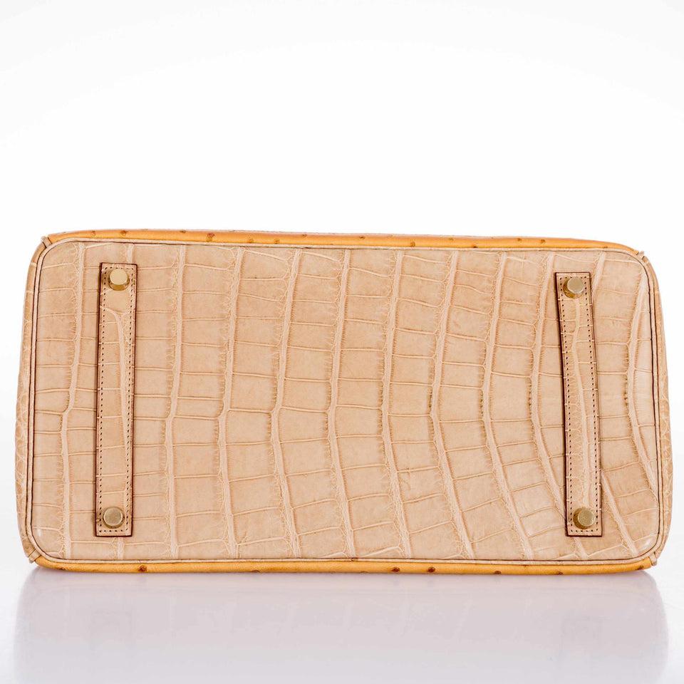 Hermes Birkin 35 Tri-Exotic Beige Alligator Ostrich Lizard Permabrass Hardware