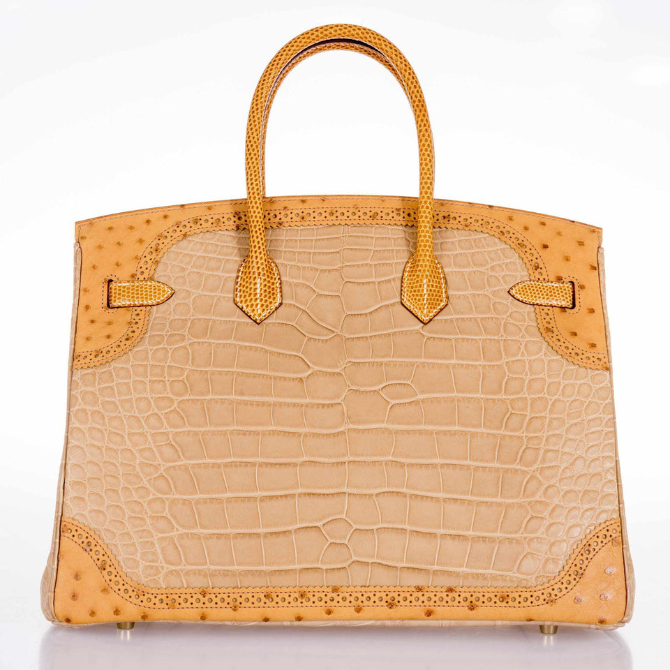 Hermes Birkin 35 Tri-Exotic Beige Alligator Ostrich Lizard Permabrass Hardware