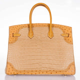 Hermes Birkin 35 Tri-Exotic Beige Alligator Ostrich Lizard Permabrass Hardware