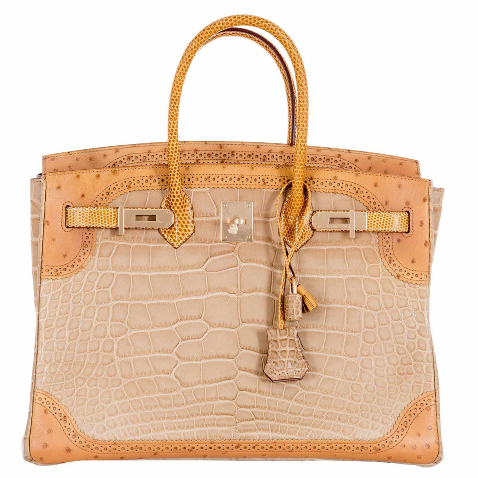 Hermes Birkin 35 Tri-Exotic Beige Alligator Ostrich Lizard Permabrass Hardware