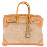 Hermes Birkin 35 Tri-Exotic Beige Alligator Ostrich Lizard Permabrass Hardware
