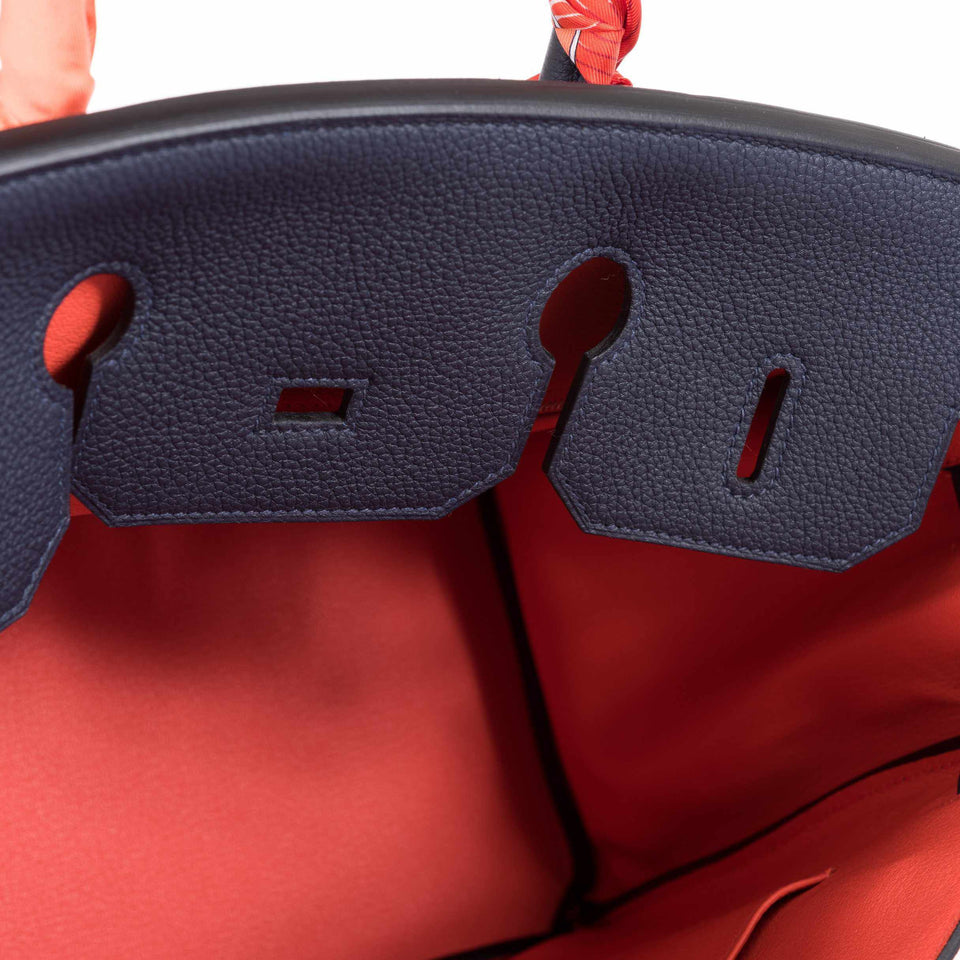 Hermes Birkin 35 Verso Blue Nuit Orange Poppy Togo Palladium Hardware