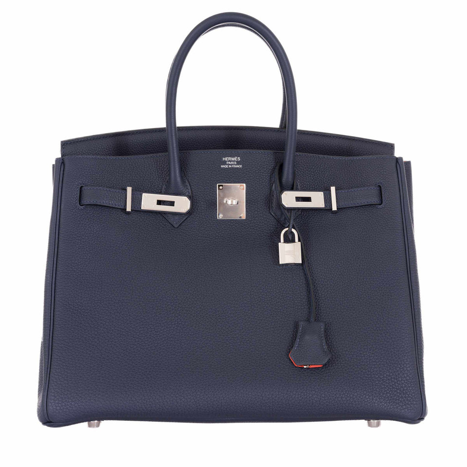 Hermes Birkin 35 Verso Blue Nuit Orange Poppy Togo Palladium Hardware